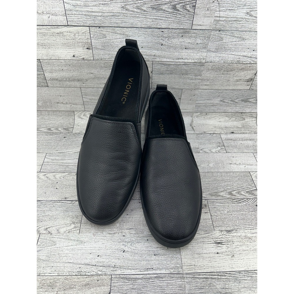 Vionic Cambria Black Pebbled Leather Slip On Sneakers Women Size 9.5 Orthotic